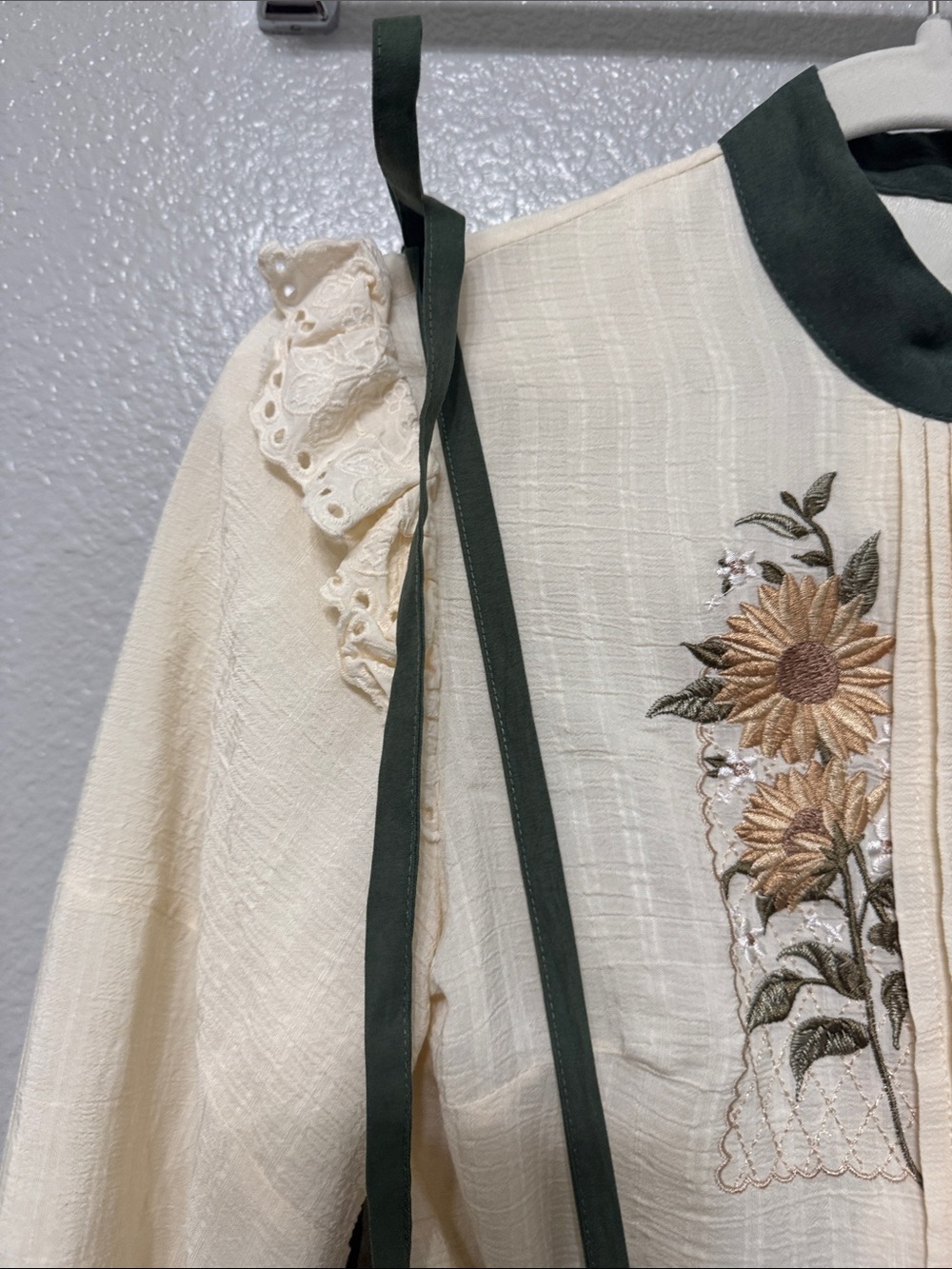 Cream & Olive Floral Embroidered Long Sleeve Dress with Suspender Skirt - Picture 8 of 16